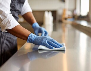 A person wearing blue gloves cleans a shiny countertop with a cloth, emphasizing cleanliness and hygiene in a professional setting.