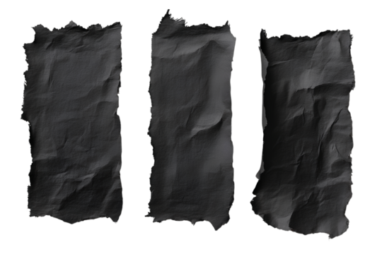 Three pieces of torn black paper isolated on a transparent background