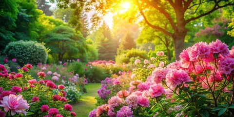Fototapeta premium Pink flowers in full bloom amidst lush green foliage and vibrant garden landscape, with sunlight filtering through trees , colorful blooms, spring blossoms