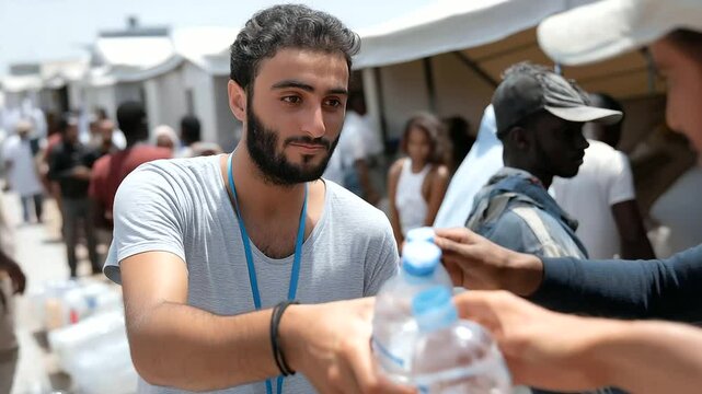 Volunteer distributing water in a crowded refugee camp