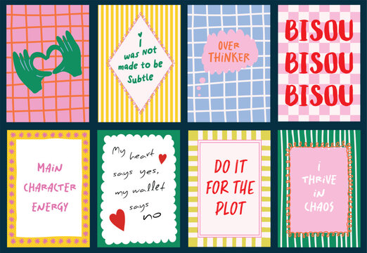 Abstract posters in a bold minimalist style and funny quotes and sayings. Bright colors checkered background, scalloped border frame  template for wall art, postcard, social media, ad banners