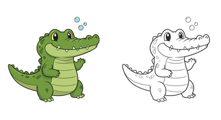 Fototapeta premium Smiling Crocodile Duo: A cheerful crocodile illustration in two versions, colored and outlined, perfect for coloring books or playful design projects, showcasing the crocodile's friendly demeanor.