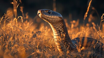 Fototapeta premium A striking snake poised in tall grass, illuminated by the golden glow of sunset, showcasing its intricate patterns.
