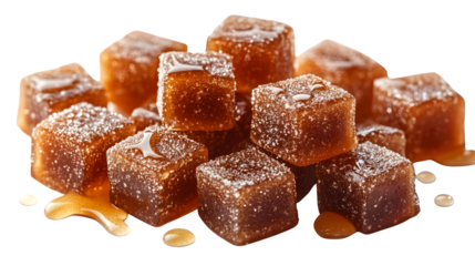 Caramel candies with syrup drizzled beside for dessert concept isolated on white background