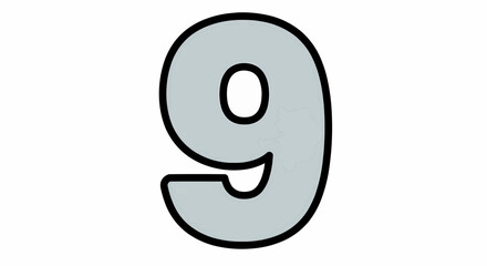A flat, graphic illustration of the number "9" in a solid, dark, light gray, with a thick, uniform black border, centered on a white background. The number features a cartoonish, circular style. 