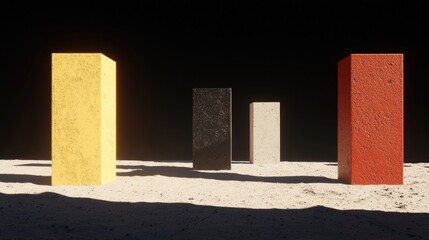 A 3D rendering of a row of four concrete blocks in yellow, black, red, and white.