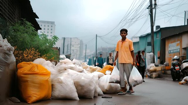 Worker clearing trash in slum alley on cloudy morning