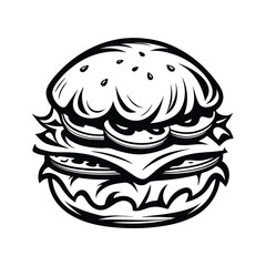 Black and White Hamburger with Lines, Isolated on White, Clean Lines