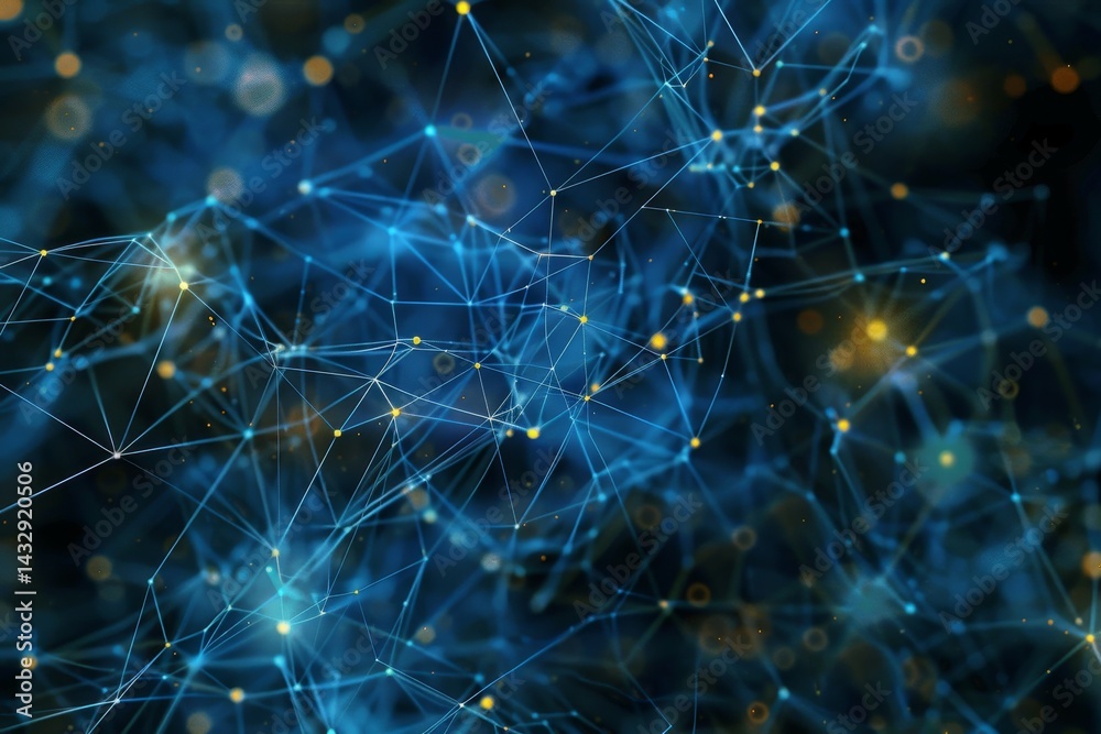 Poster a close-up image of a blue data network flowing through a topaz-colored background, an intricate net