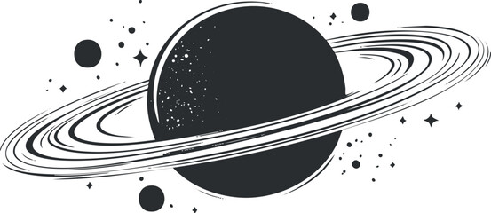Black and white illustration of a planet with rings surrounded by stars and smaller celestial bodies in space
