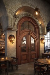 Obraz premium Elegant restaurant interior featuring arched doorway stone walls and warm lighting creating inviting atmosphere for dining and gathering with friends and family