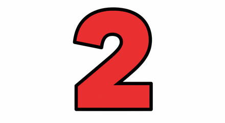 The number 2 is a bright red, with bold, thick black lines and vibrant flat colors, clearly displayed on a white background and overlaid with a soft, solid red. Vector illustration
