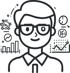 Line art illustration of a businessman wearing glasses surrounded by various data charts and graphs representing analytics and business performance.