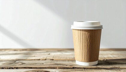 Paper coffee cup with lid on table, with logo placeholder, natural lighting, minimal branding