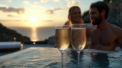 Couple enjoying champagne at sunset by a pool