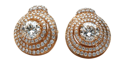 Elegant diamond and gold earrings set for engagement or wedding display isolated on white background