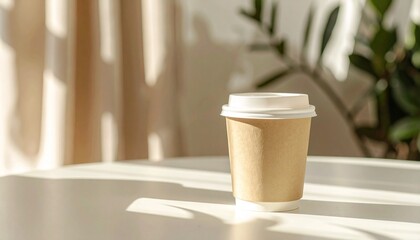Paper coffee cup with lid on table, with logo placeholder, natural lighting, minimal branding