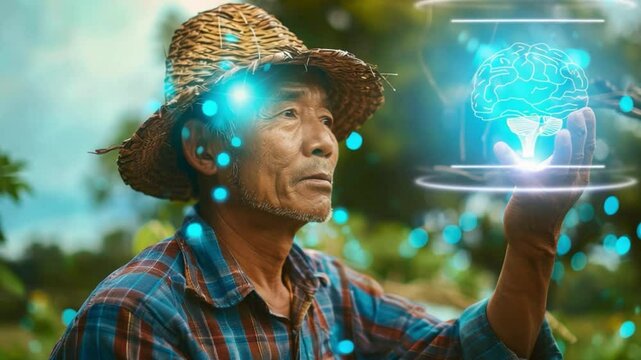 Technological Insights: A modern farmer, gazing intently at a holographic projection, bridges the gap between traditional agriculture and futuristic tech.