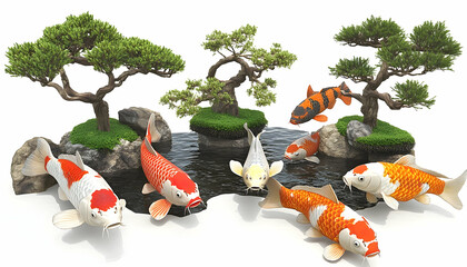 Colorful koi fish swimming in a serene pond surrounded by lush greenery and rocks