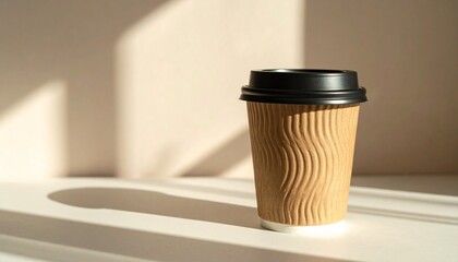Paper coffee cup with lid on table, with logo placeholder, natural lighting
