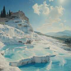 ays homage to breathtaking splendor of Pamukkale in Turkey, unveiling ethereal cascades of opalescent mineral-laden water, otherworldly vistas, and profound awe stirred by this unparalleled marvel of 
