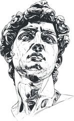 Detailed black and white illustration of a classical marble sculpture head showing strong facial expression and artistic carving