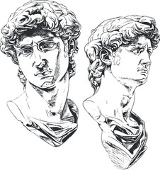 Detailed black and white line art of classical bust sculpture showing front and side profiles of a man