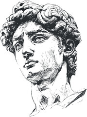 Detailed black and white illustration of a classical marble sculpture head with expressive features