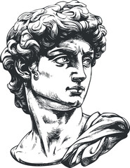 Detailed black and white illustration of a classical marble sculpture head with curly hair and draped cloth.