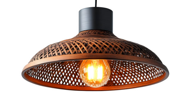 Elegant rattan ceiling lamp with light bulb suspended isolated on white background