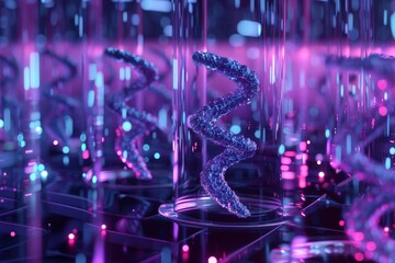 A digital representation of a biotech lab featuring glowing, intricate molecular structures in glass cylinders, Design a digital representation of a biotech company's breakthrough discovery