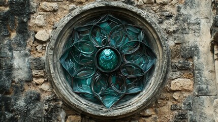 Round stained glass window with floral design set in a stone wall.