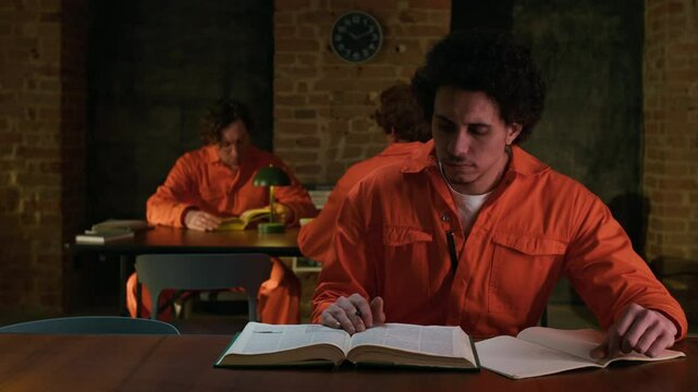 Zoom in view of young male prisoner wearing orange jumpsuit writing summary of book chapter when studying at wooden table in library with brick walls, two inmates in background
