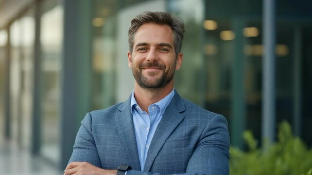 Confident businessman smiling with arms crossed outside modern office  
