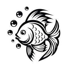 Stylized Black Fish with Bubbles | Detailed Fins and Scales Art on White