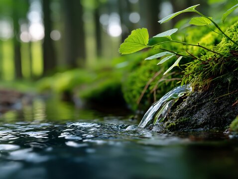 Fresh spring water cascading over rocks in a tranquil forest