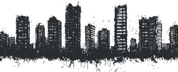 Black and white grunge city skyline silhouette with tall buildings and urban architecture © vadymstock
