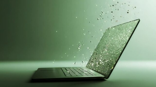 Digital Dematerialization: An artistic conceptualization where a laptop appears to dissolve into particles, symbolizing the ephemeral nature of digital data and information.