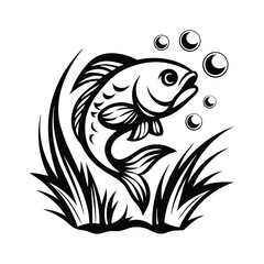 Black and White Fish Surrounded by Water Grass and Bubbles in Simple