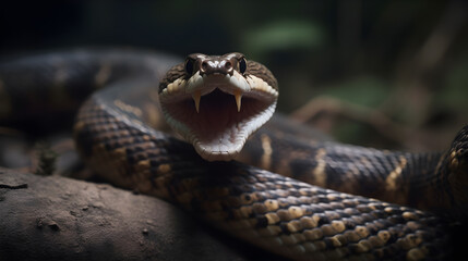 Fototapeta premium A black and white snake with a yellow and black striped pattern, coiled around a tree trunk in a forest setting.