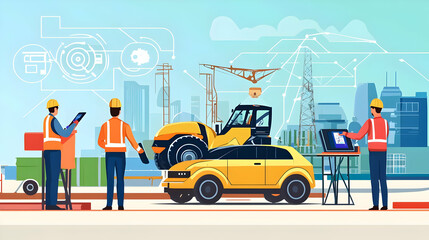 Construction Workers Inspecting Modern Vehicle in Cityscape
