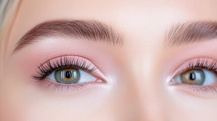 Obraz premium Womans Eyes Defined Brows Soft Makeup High-Definition Close-up Shot Subtle Blush Tones Makeup Tutorial Rose Gold Hues Perfect for Beauty Blogs