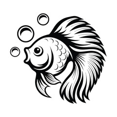 Stylized Black Silhouette of Swimming Goldfish with Bubbles on a White Background