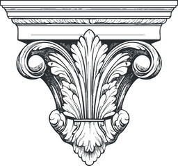 Black and white detailed illustration of a classic ornamental architectural corbel with floral and scroll design © vadymstock