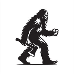 Obraz premium Black and white silhouette of a walking Yeti (Bigfoot) holding an axe in his hand
