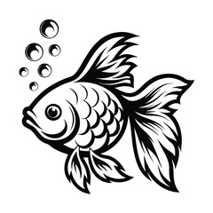 Goldfish Icon Black Silhouette of Ornamental Fish with Bubbles on White Background