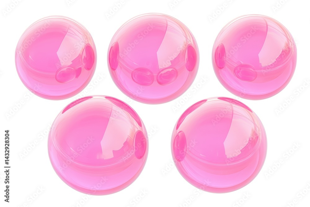 Poster group of glossy pink spheres floating in pristine white space creating a modern and abstract backdro