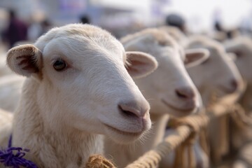 Obraz premium White Sheep in Row Behind Rope