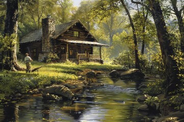Fototapeta premium Rustic Log Cabin by a Tranquil Stream With a Fisherman, A rustic cabin nestled by a stream, with a fisherman peacefully casting his line from the front porch