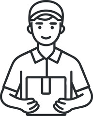 Line art illustration of a delivery courier holding a package with a smile, wearing uniform and cap.